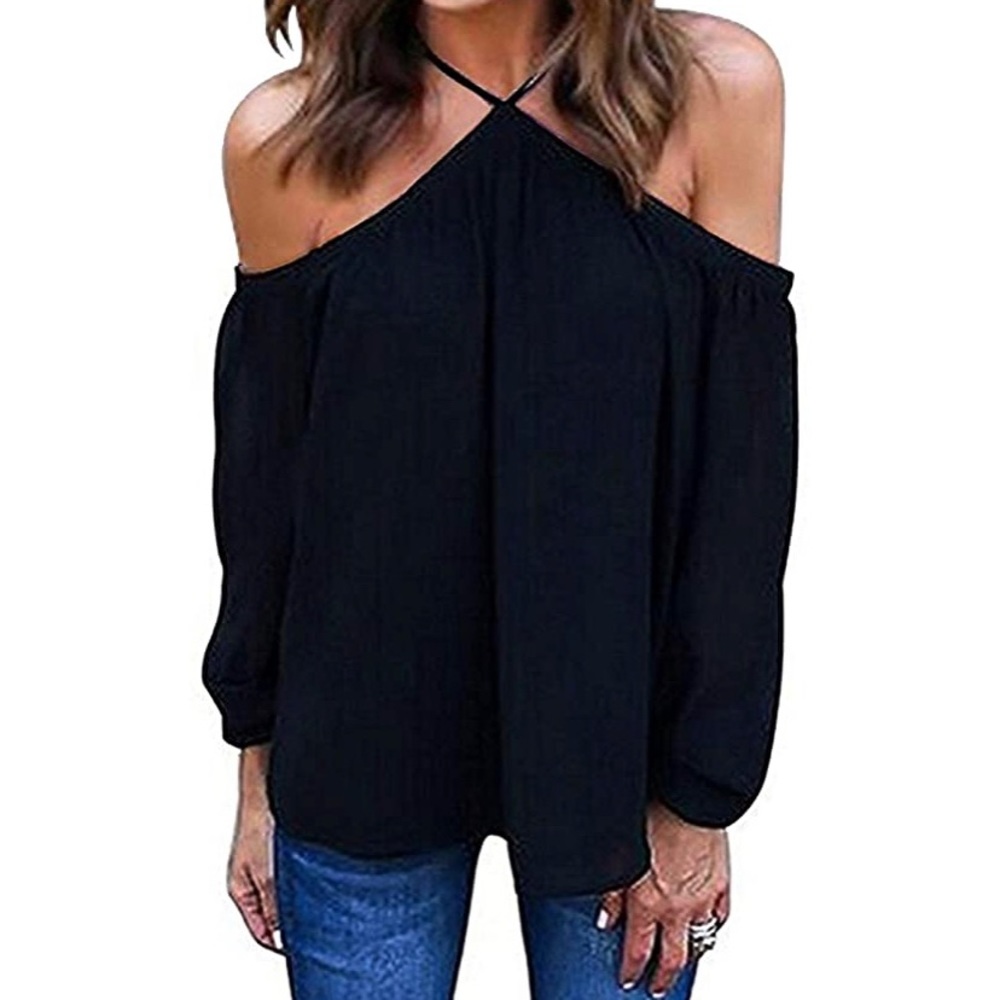 Black Halter, Off the Shoulder Long Sleeve Blouse